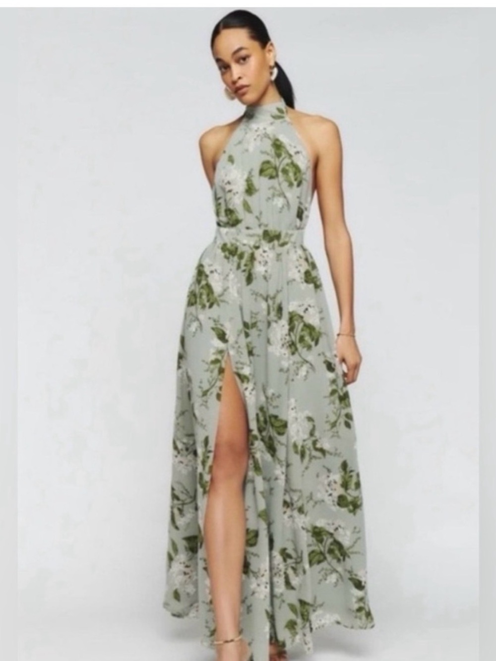 Reformation Floral Halter Maxi Dress in Sage Green - Picture 2 of 2
